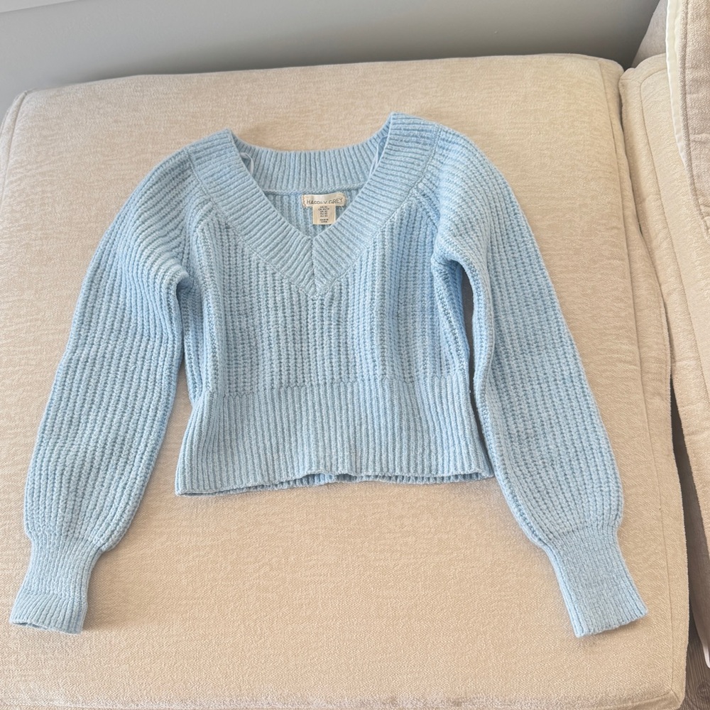 Happily Grey cropped knit pullover sweater in a light blue color